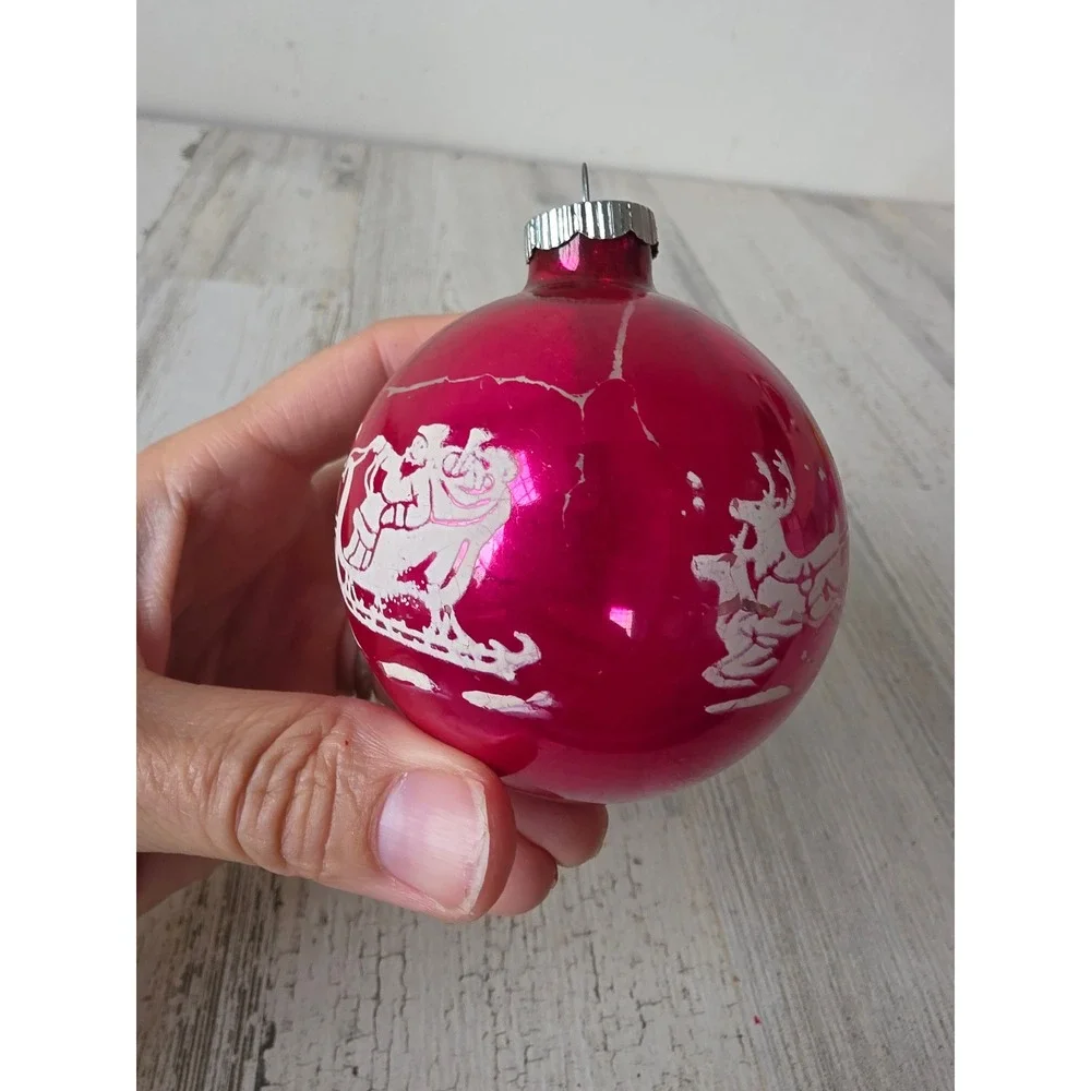Vintage reindeer pink stencil sleigh Santa shiny Brite ornament glass Xmas tree